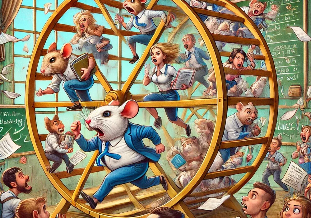 DALLE 2024 07 03 17 14 38 A highly illustrative scene depicting a literal rat race involving human teachers and students instead of mice Imagine teachers running inside a gian