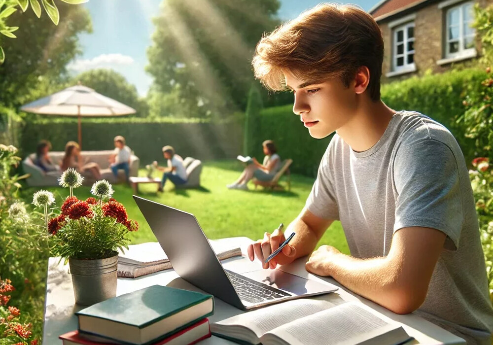 DALLE 2024 07 22 20 38 10 A highly realistic photo of a 14 year old student learning during the summer holidays outside in a garden or park The student is sitting at a table w