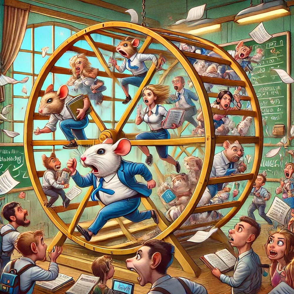 DALLE 2024 07 03 17 14 38 A highly illustrative scene depicting a literal rat race involving human teachers and students instead of mice Imagine teachers running inside a gian